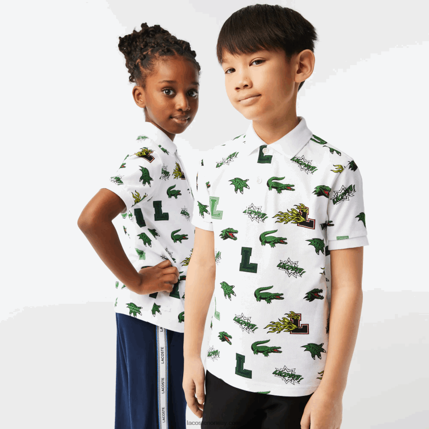 Lacoste komisk effekt krokodilleprint polo 4J4X0T2956 hvit 001 barn