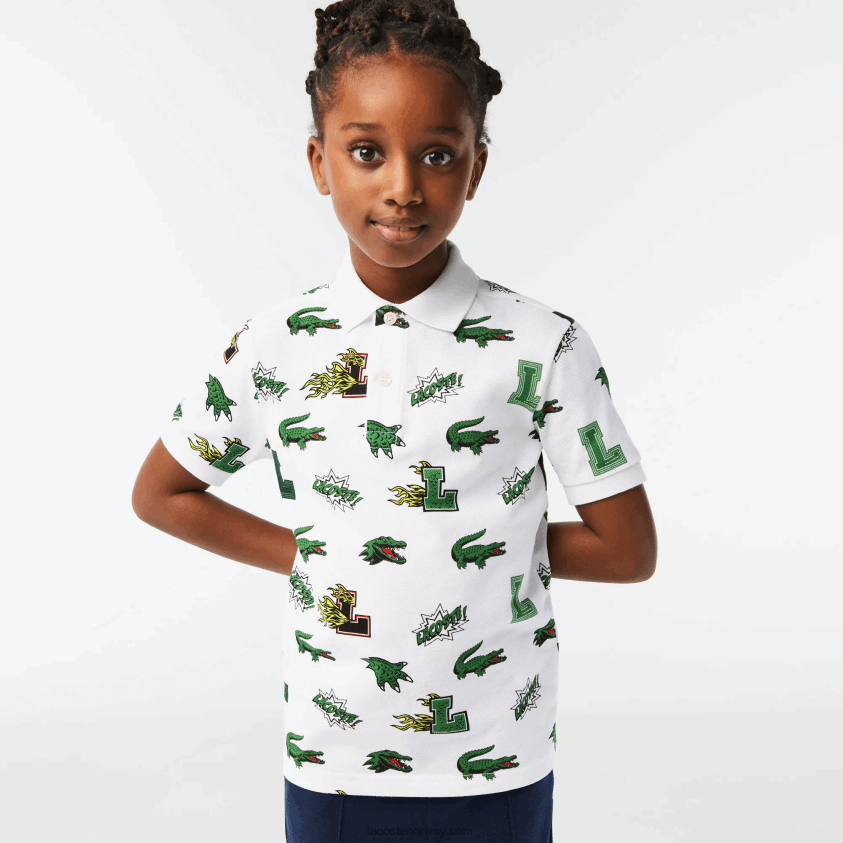Lacoste komisk effekt krokodilleprint polo 4J4X0T2956 hvit 001 barn