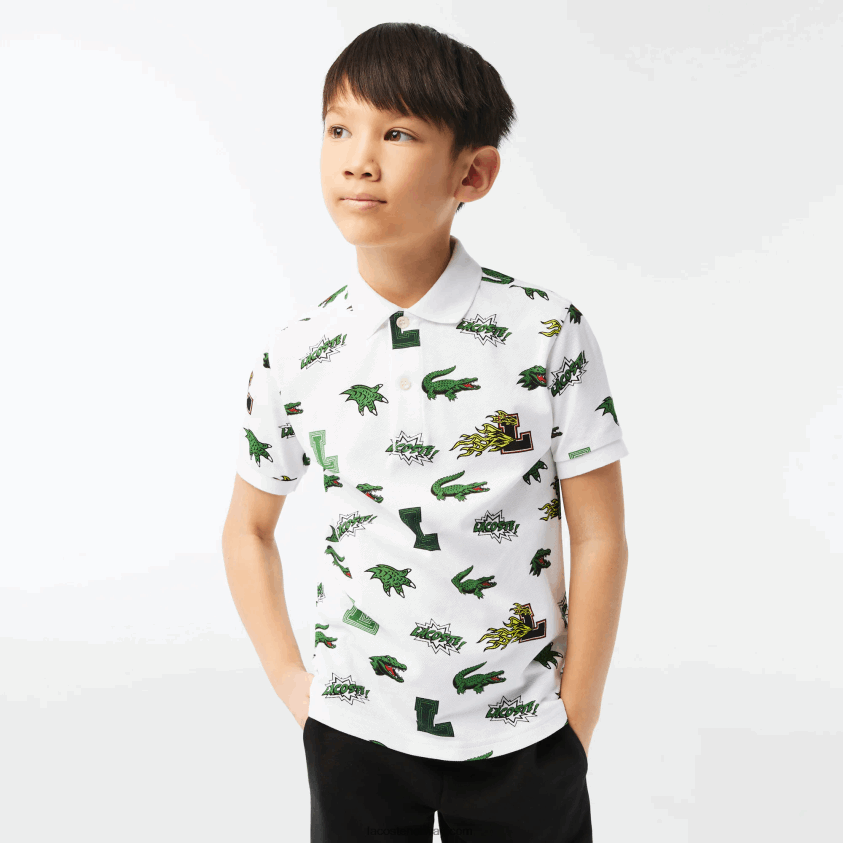 Lacoste komisk effekt krokodilleprint polo 4J4X0T2956 hvit 001 barn