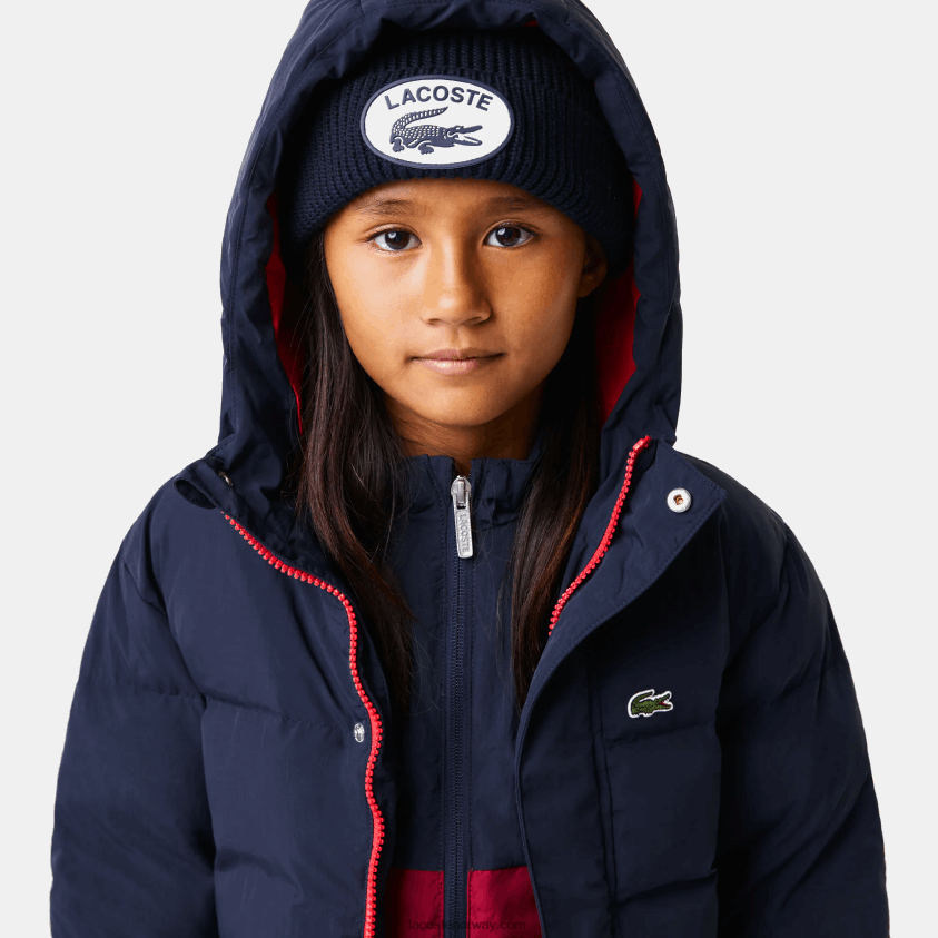 Lacoste krokodillebroderi hettejakke i taft 4J4X0T3221 marineblå rød 7pe barn
