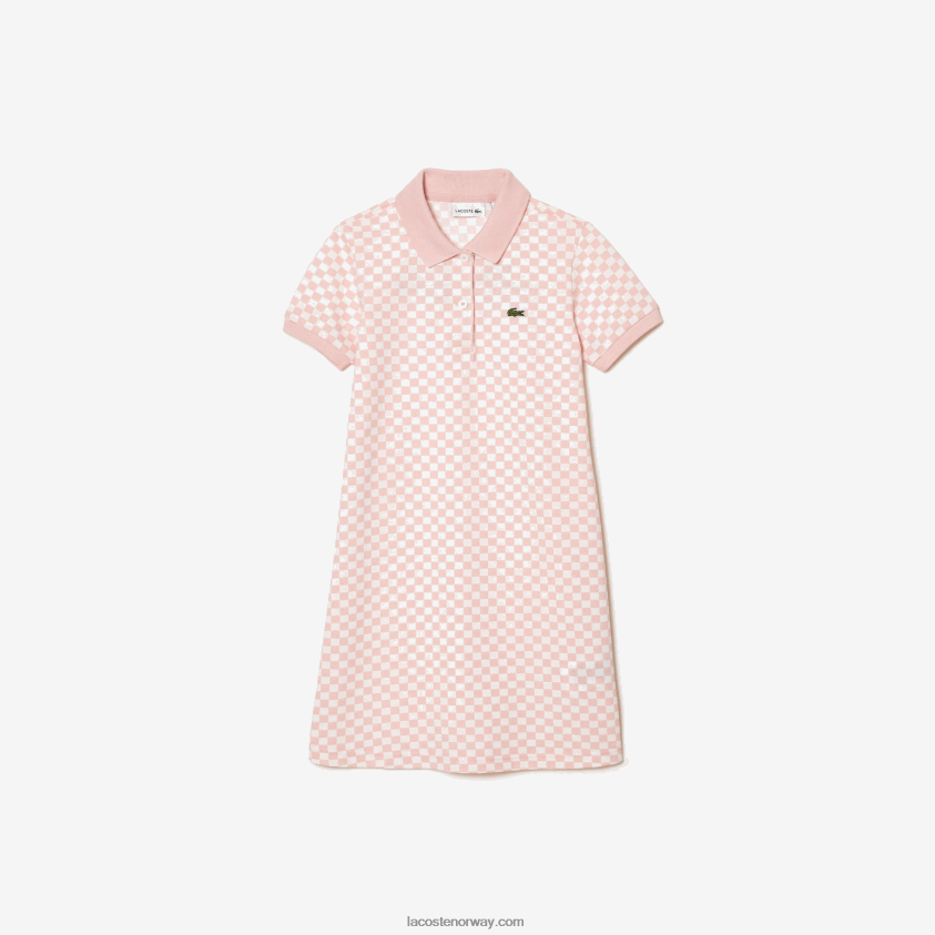 Lacoste polokjole i økologisk bomull med rutetrykk 4J4X0T3093 rosa hvit nw5 jenter