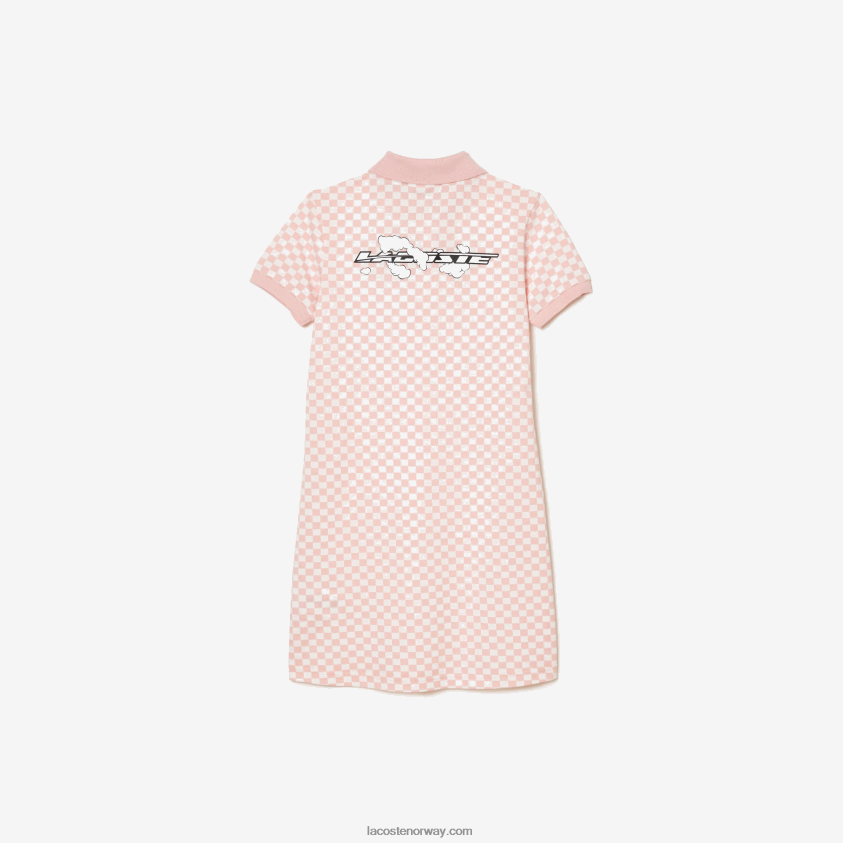 Lacoste polokjole i økologisk bomull med rutetrykk 4J4X0T3093 rosa hvit nw5 jenter