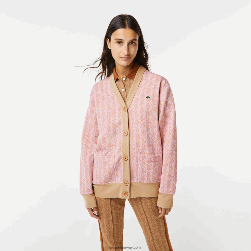 Lacoste cardigan med løs passform i monogram 4J4X0T2634 lys rosa beige nxg kvinner