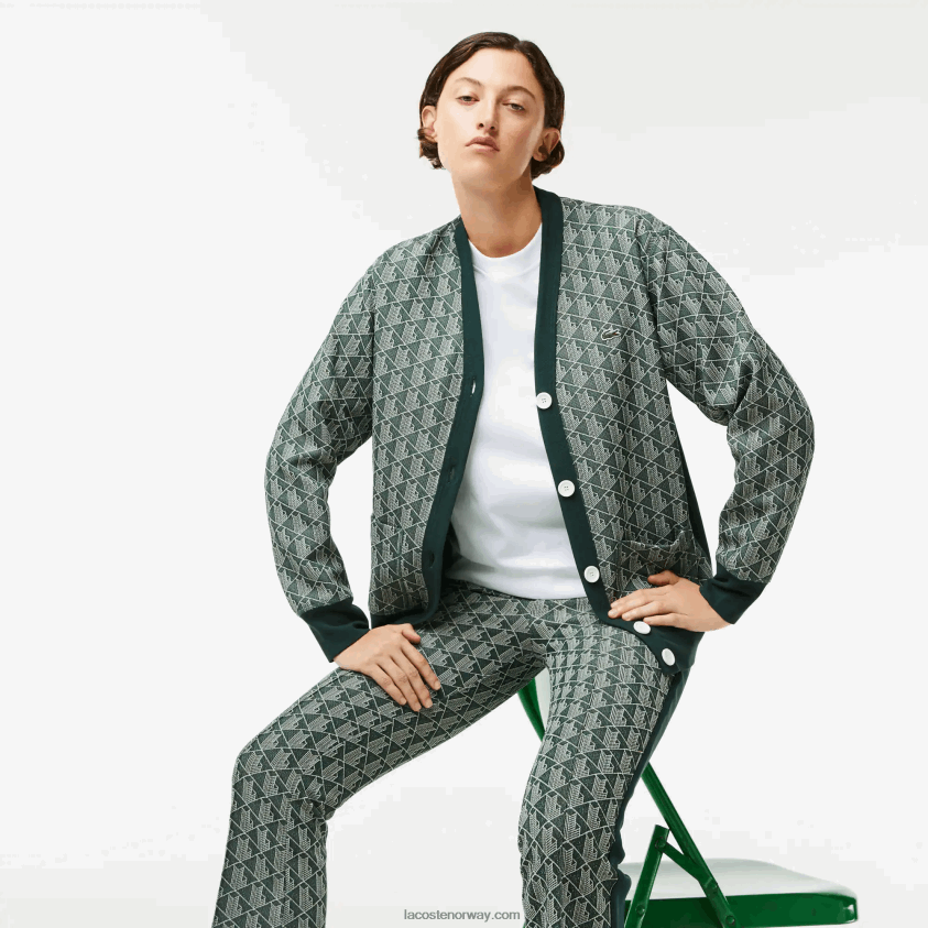 Lacoste cardigan med løs passform i monogram 4J4X0T2635 grønn beige 7m4 kvinner