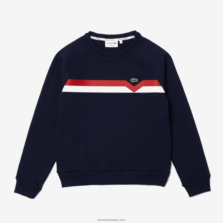Lacoste laget i Frankrike colorblock genser i økologisk bomull 4J4X0T2607 marineblå hvit rød tre kvinner