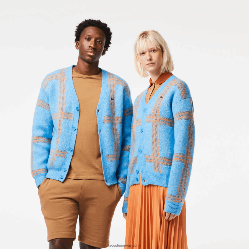 Lacoste ullcardigan i tartanmønster 4J4X0T1394 blå oransje brun 7cz kvinner