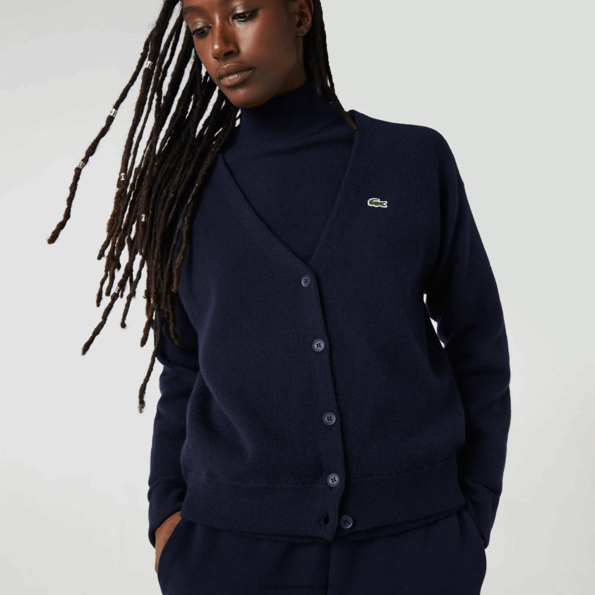 Lacoste ullcardigan med v-hals 4J4X0T2641 marineblå 166 kvinner