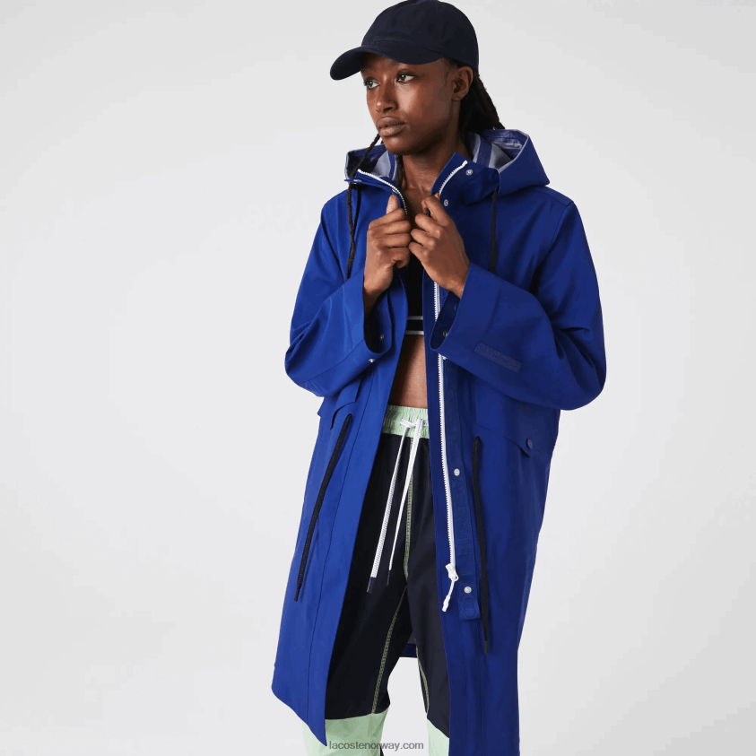 Lacoste lang, vannavstøtende parkas med hette 4J4X0T2628 blå bdm kvinner