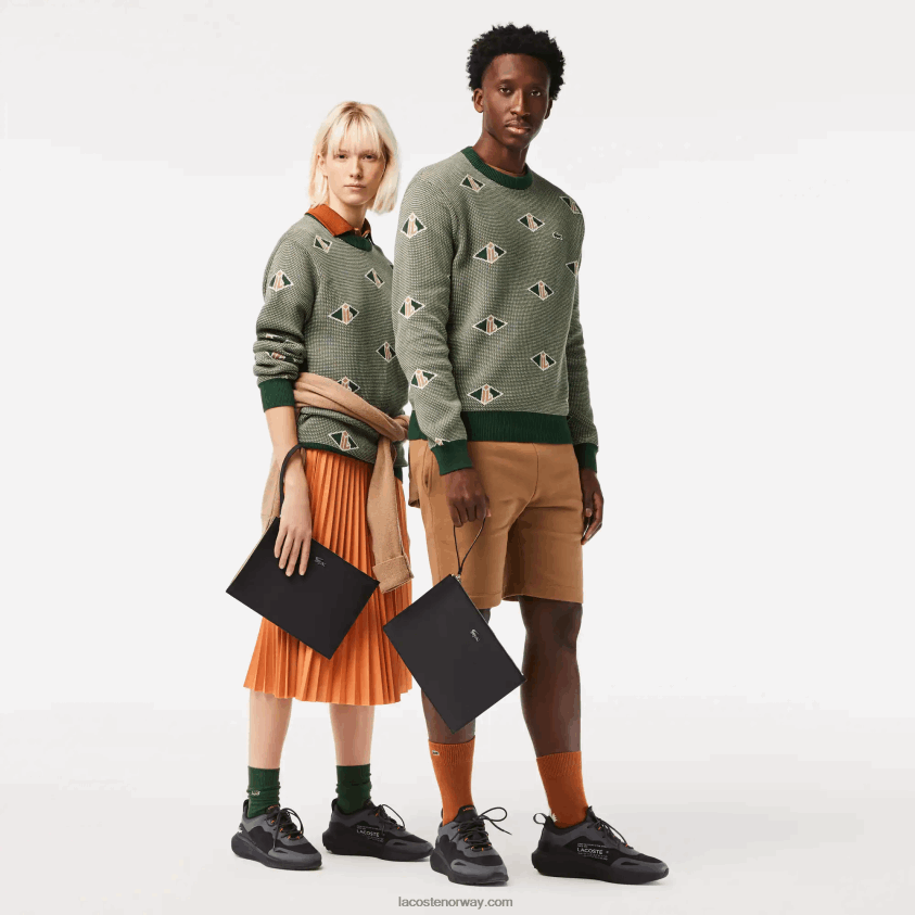 Lacoste anna-belagt pique lerret glidelåsclutch 4J4X0T2817 noir krema a91 kvinner