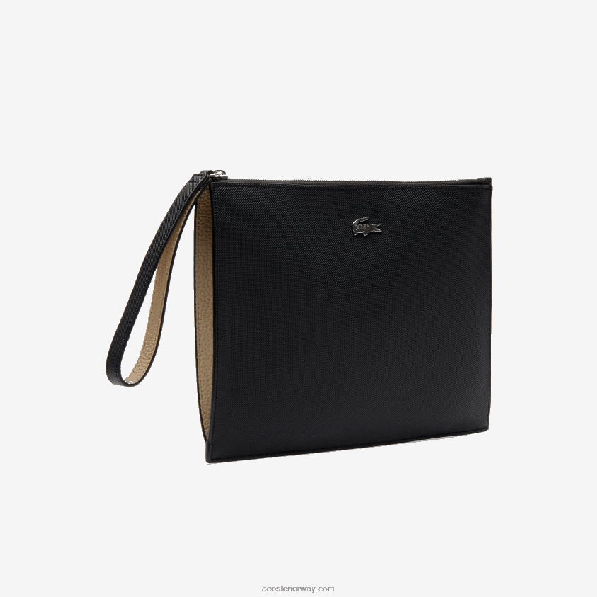 Lacoste anna-belagt pique lerret glidelåsclutch 4J4X0T2817 noir krema a91 kvinner