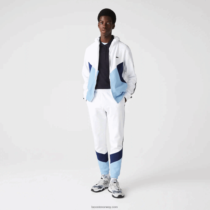 Lacoste signaturstriete joggebukser i fargeblokk i fleece 4J4X0T1146 hvit blå vhe menn