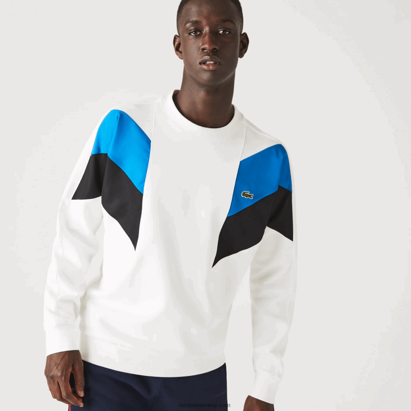 Lacoste colourblock design bomull fleece sweatshirt med rund hals 4J4X0T1127 hvit blå svart wza menn