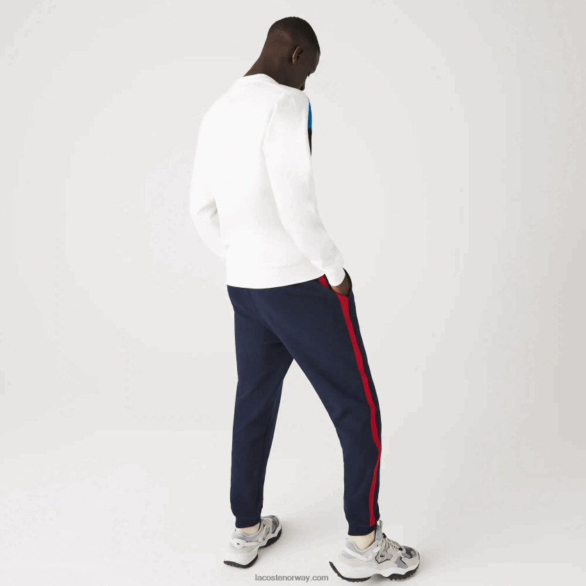 Lacoste colourblock design bomull fleece sweatshirt med rund hals 4J4X0T1127 hvit blå svart wza menn