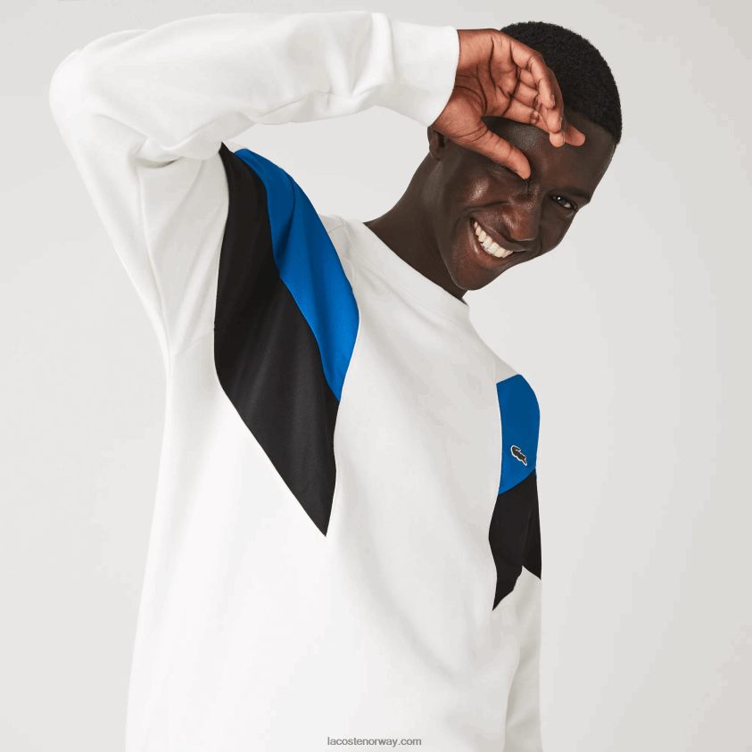 Lacoste colourblock design bomull fleece sweatshirt med rund hals 4J4X0T1127 hvit blå svart wza menn