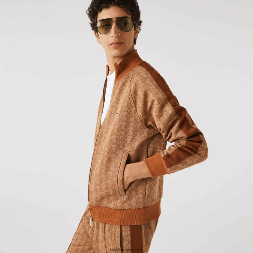 Lacoste genser med glidelås i vanlig passform med monogramtrykk 4J4X0T277 beige brun zwm menn