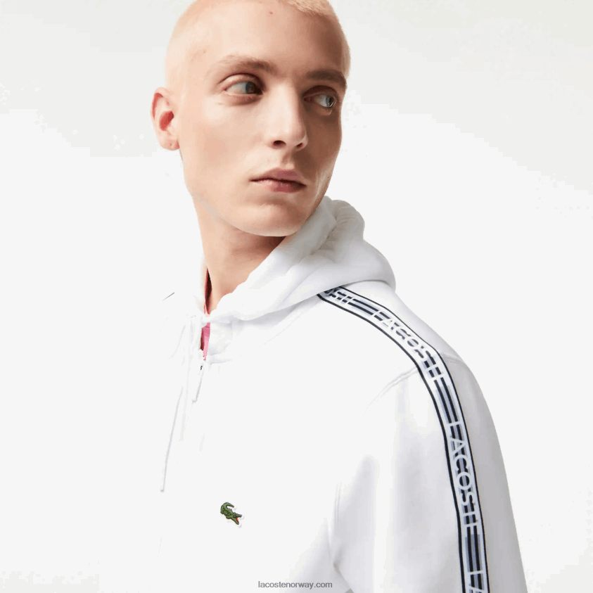 Lacoste klassisk passform hettegenser med glidelås med merkestriper 4J4X0T12 hvit 001 menn