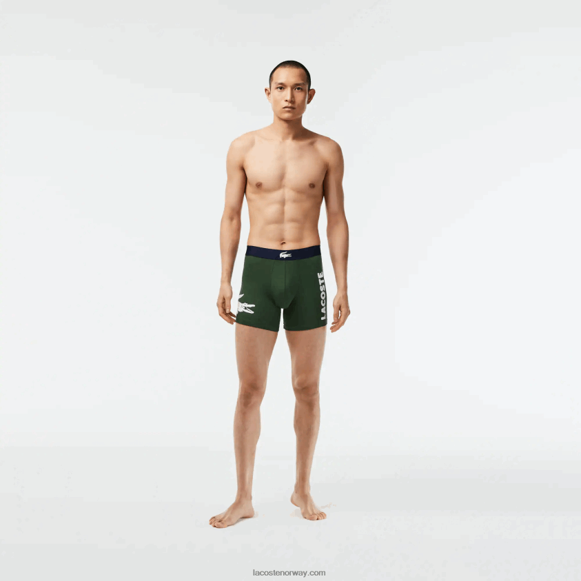 Lacoste krokodille midje lang stretch boksershorts i bomull 3-pakning 4J4X0T1368 grønn marineblå hvit p52 menn