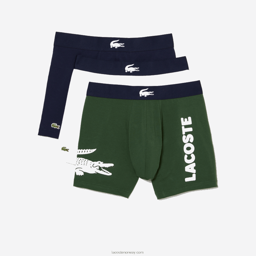 Lacoste krokodille midje lang stretch boksershorts i bomull 3-pakning 4J4X0T1368 grønn marineblå hvit p52 menn