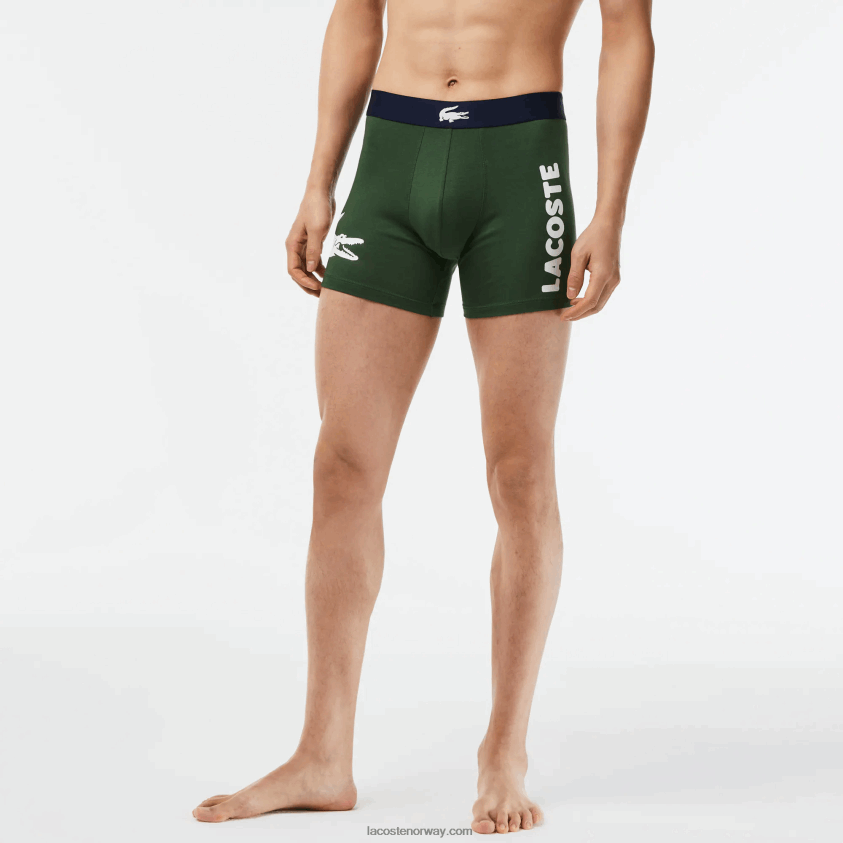 Lacoste krokodille midje lang stretch boksershorts i bomull 3-pakning 4J4X0T1368 grønn marineblå hvit p52 menn
