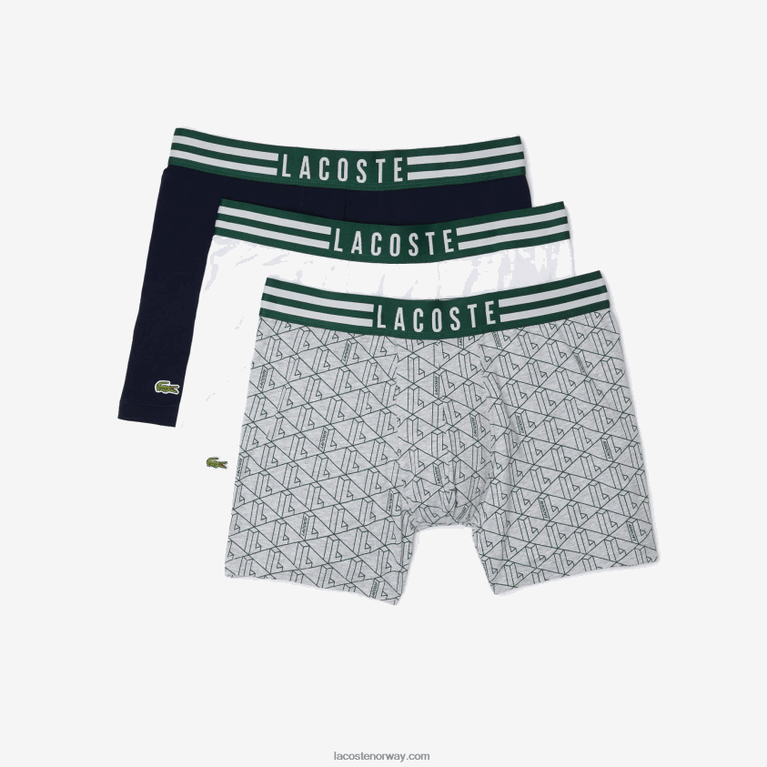 Lacoste stripet midje lang stretch boksershorts i bomull 3-pakning 4J4X0T1434 grå kine hvit marineblå tya menn