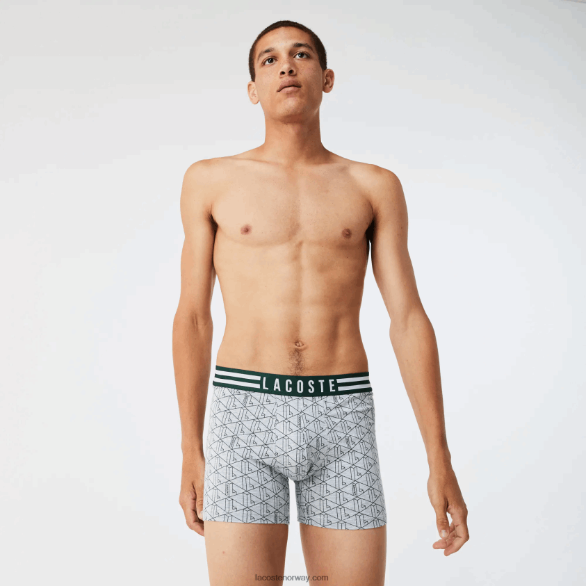 Lacoste stripet midje lang stretch boksershorts i bomull 3-pakning 4J4X0T1434 grå kine hvit marineblå tya menn