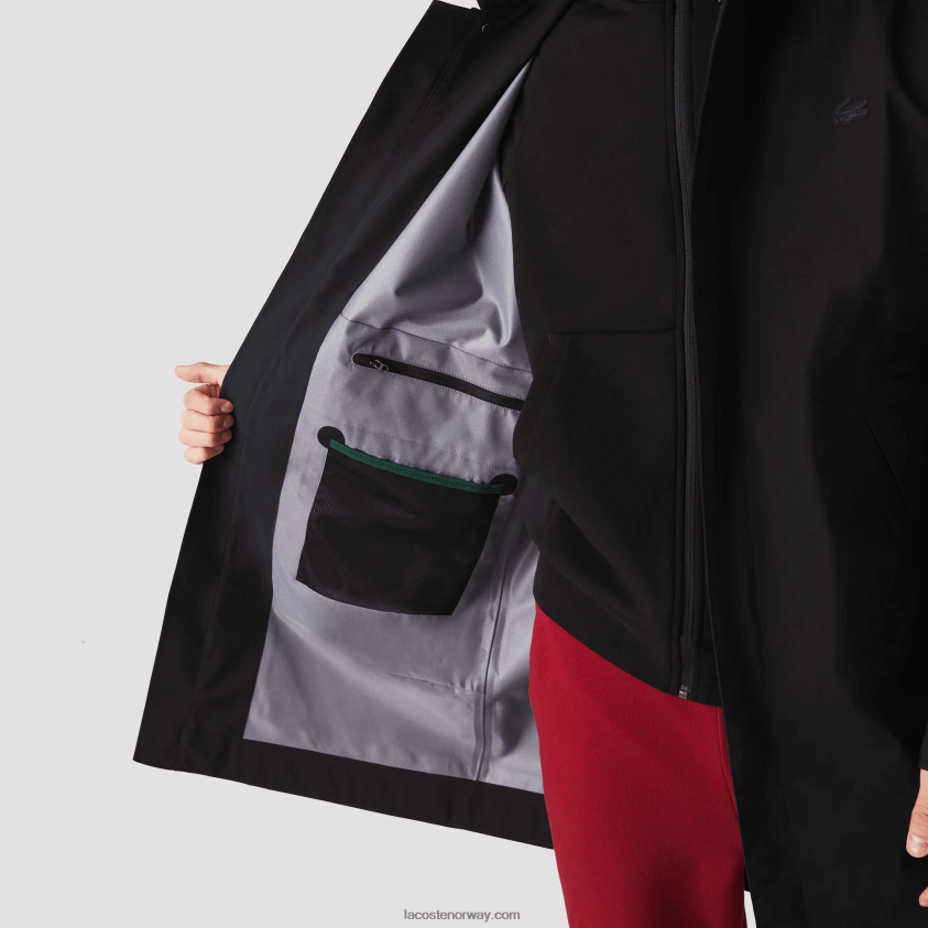 Lacoste avtakbar hette knelang vannavstøtende parkas 4J4X0T1273 svart 031 menn