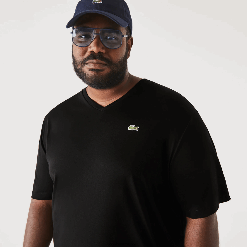 Lacoste bomullspoloskjorte med v-hals ribbet i vanlig passform (plus size) 4J4X0T710 svart 031 menn