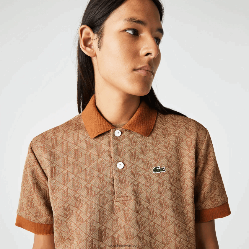 Lacoste klassisk passform monogram print polo 4J4X0T73 beige brun zwm menn