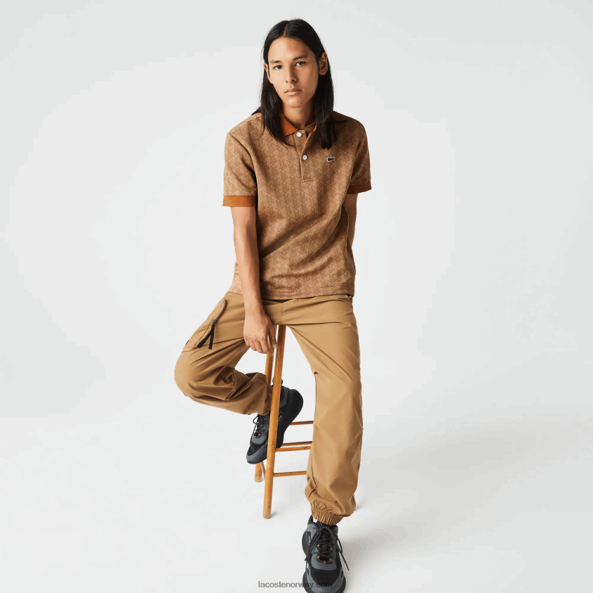 Lacoste klassisk passform monogram print polo 4J4X0T73 beige brun zwm menn