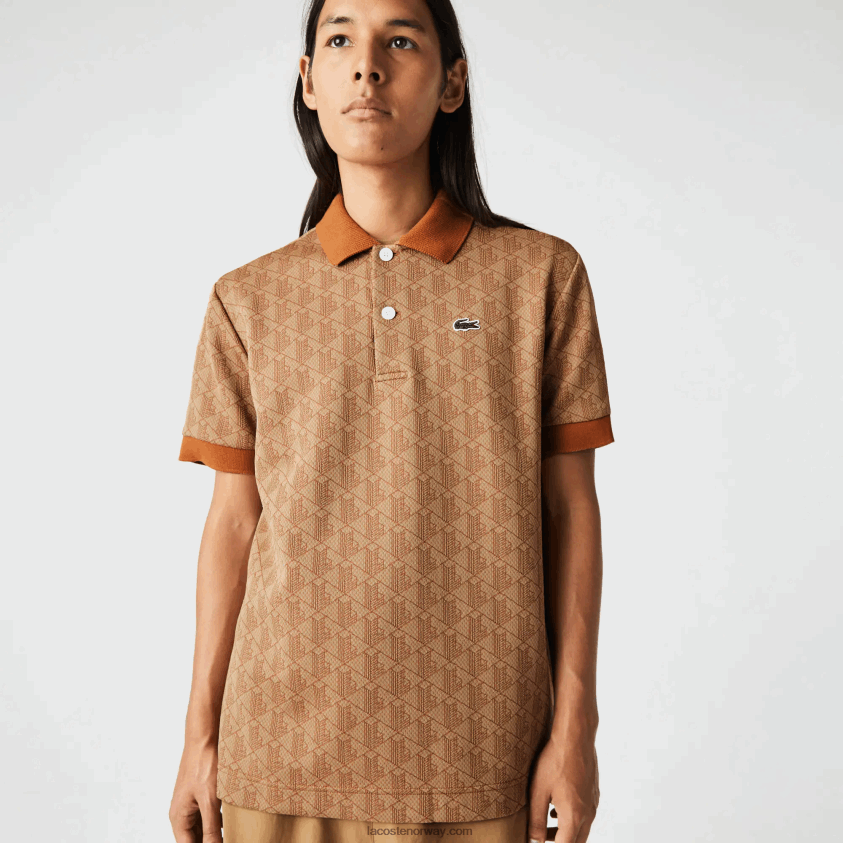 Lacoste klassisk passform monogram print polo 4J4X0T73 beige brun zwm menn