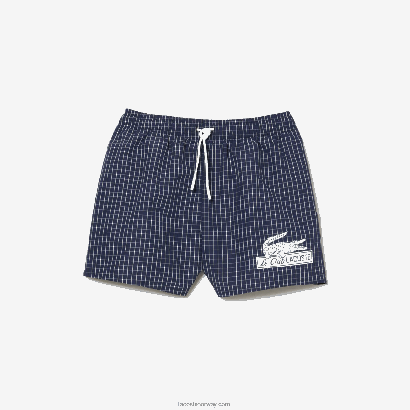 Lacoste resirkulert polyester sjekket badebukse 4J4X0T532 marineblå hvit xch menn