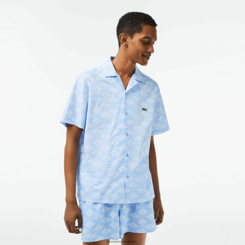 Lacoste kortermet skjorte med monogramtrykk 4J4X0T508 blå hvit fv2 menn