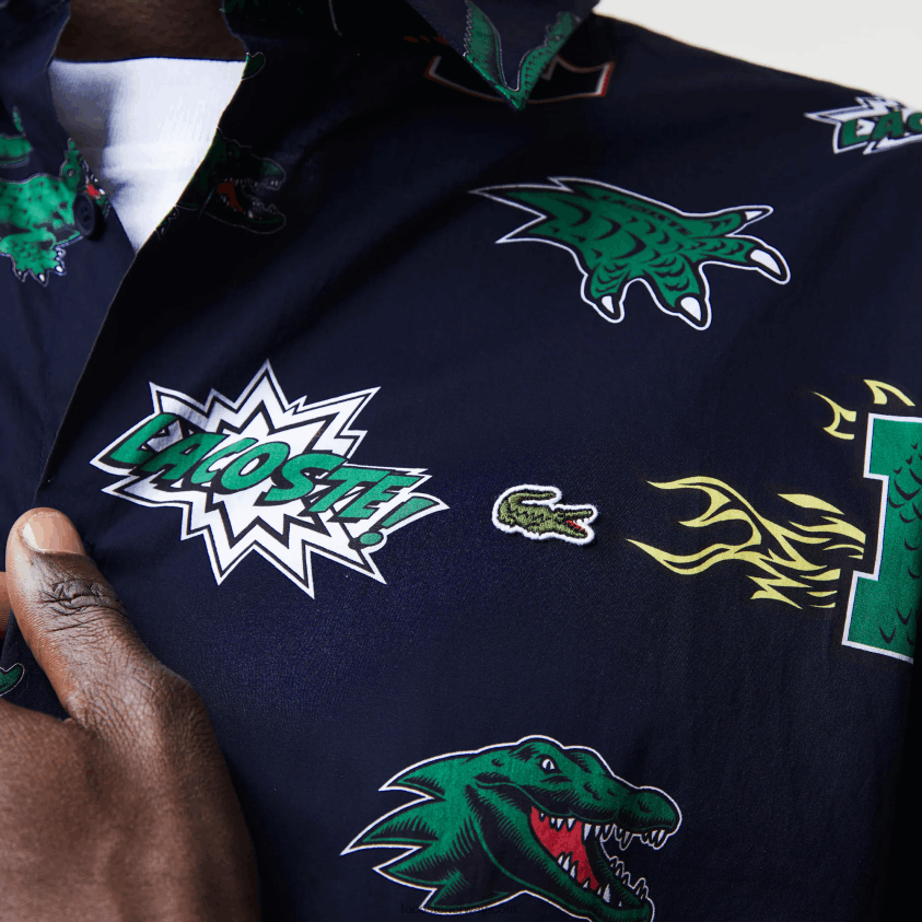 Lacoste skjorte med vanlig passform med krokodilletrykk 4J4X0T1575 marineblå hvit qrn menn