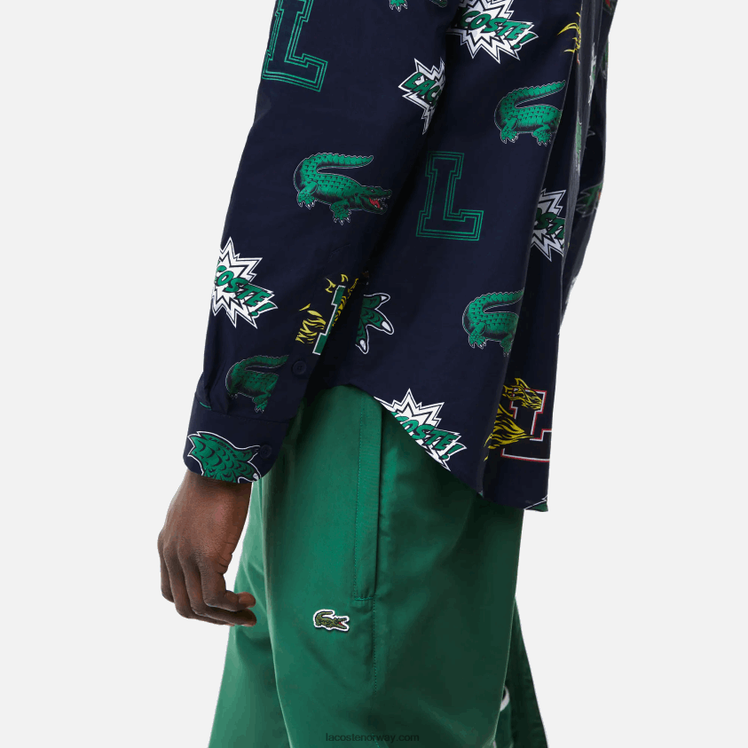 Lacoste skjorte med vanlig passform med krokodilletrykk 4J4X0T1575 marineblå hvit qrn menn