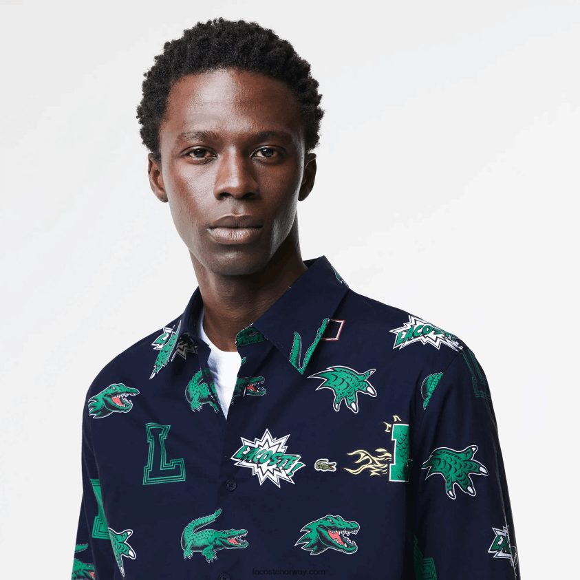 Lacoste skjorte med vanlig passform med krokodilletrykk 4J4X0T1575 marineblå hvit qrn menn