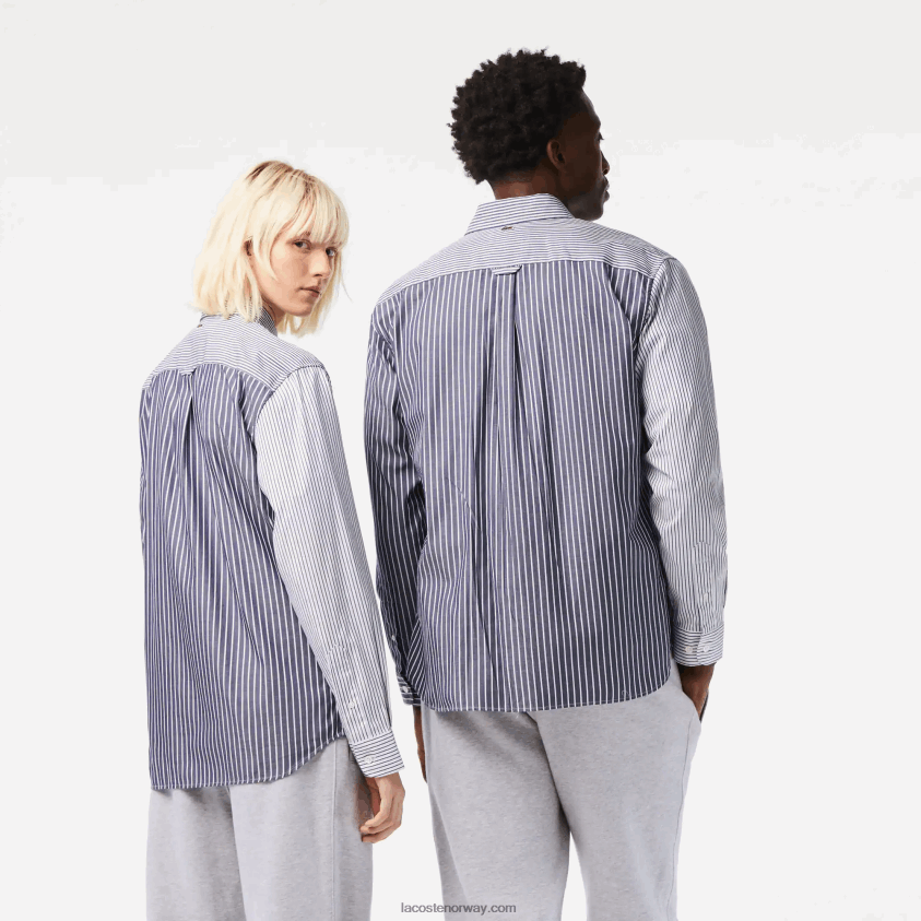 Lacoste stor krokodillestripet bomullsskjorte 4J4X0T493 hvit marineblå 522 menn