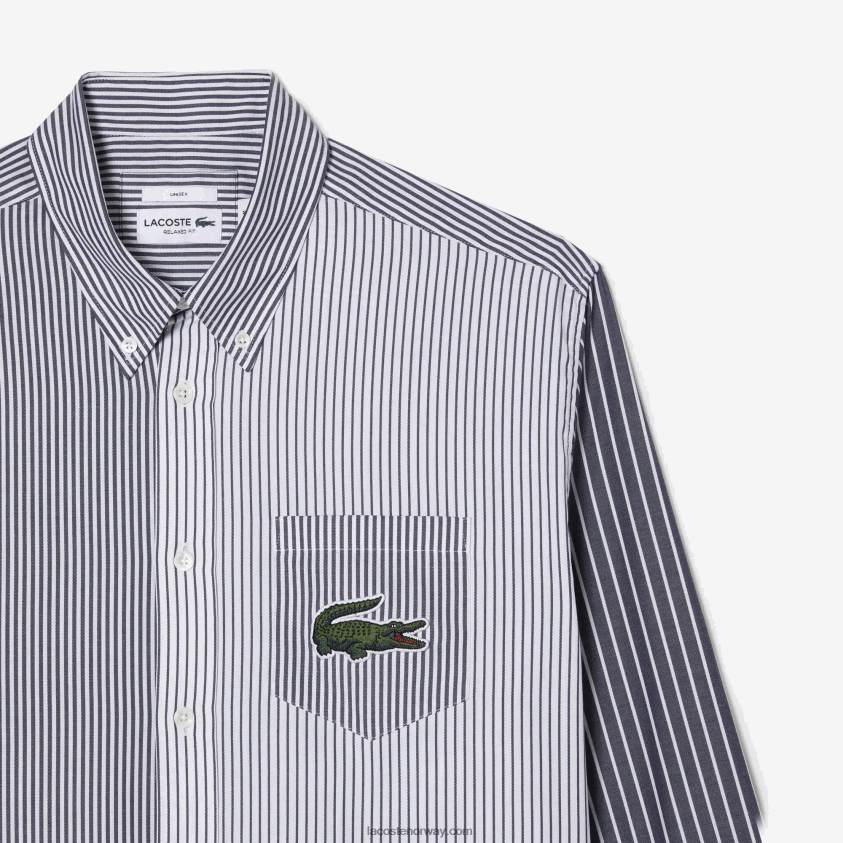 Lacoste stor krokodillestripet bomullsskjorte 4J4X0T493 hvit marineblå 522 menn