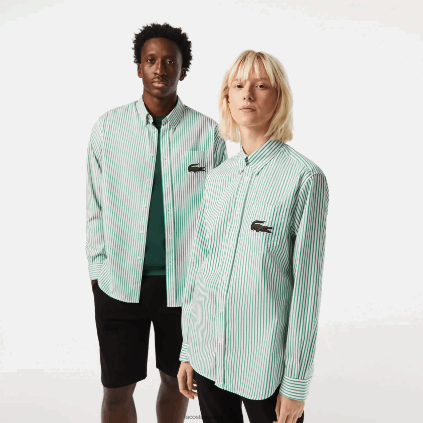 Lacoste stor skjorte i krokodillebomull med avslappet passform 4J4X0T411 hvit grønn 737 menn