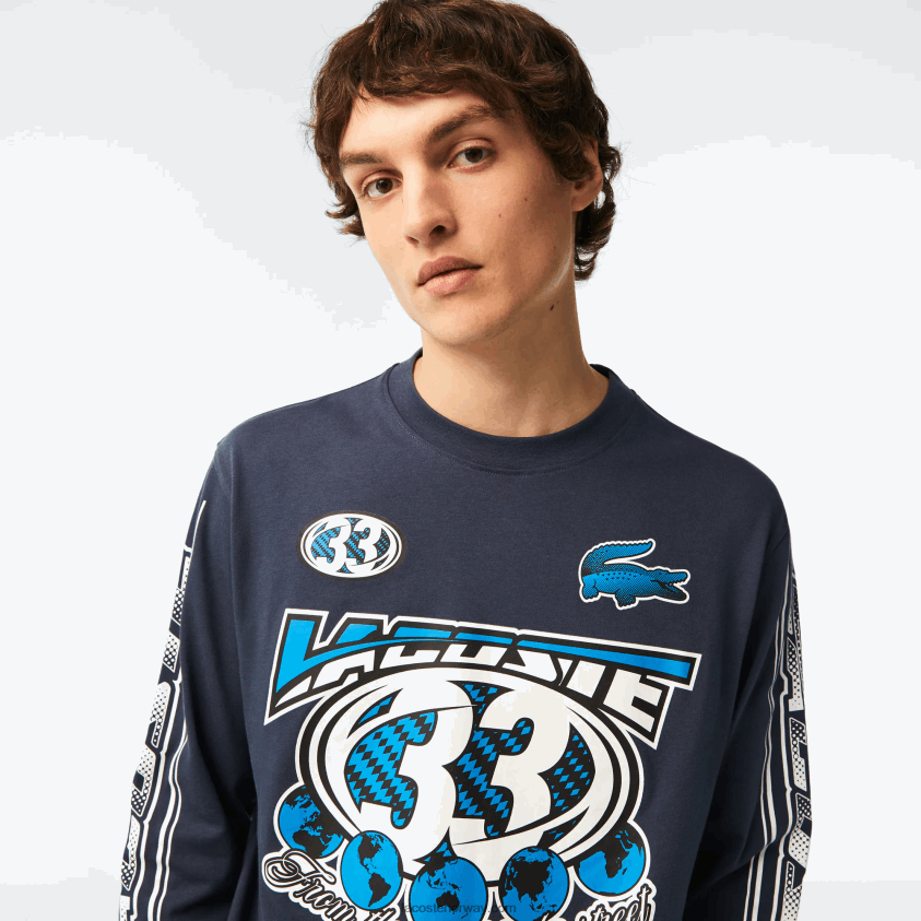 Lacoste løs passform langermet t-skjorte med tryk 4J4X0T148 blå xie menn