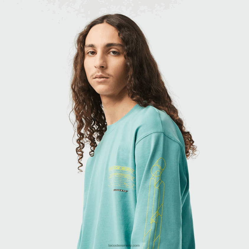 Lacoste langermet t-skjorte i bomullsjersey med løs passform 4J4X0T177 grønn 3a4 menn