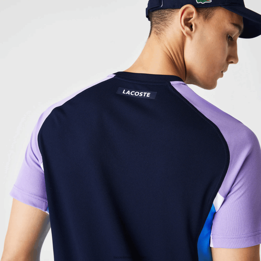 Lacoste sport color-block ultratørr pique tennis t-skjorte 4J4X0T584 marineblå lilla hvit blå 5xj menn