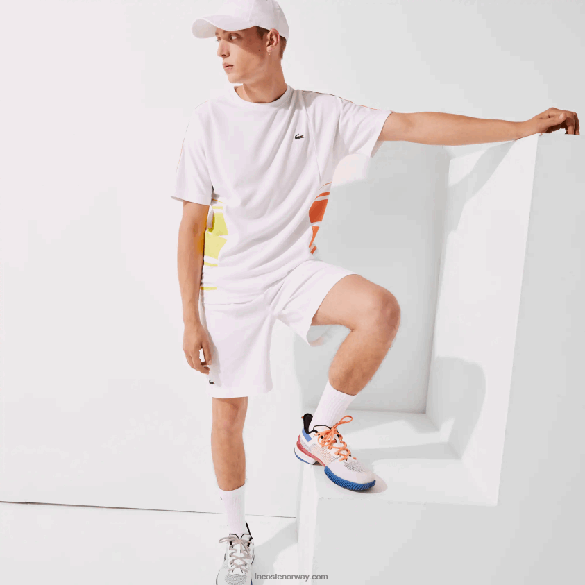 Lacoste sport grafiske band rund hals pique t-skjorte 4J4X0T1922 hvit gul oransje d0v menn