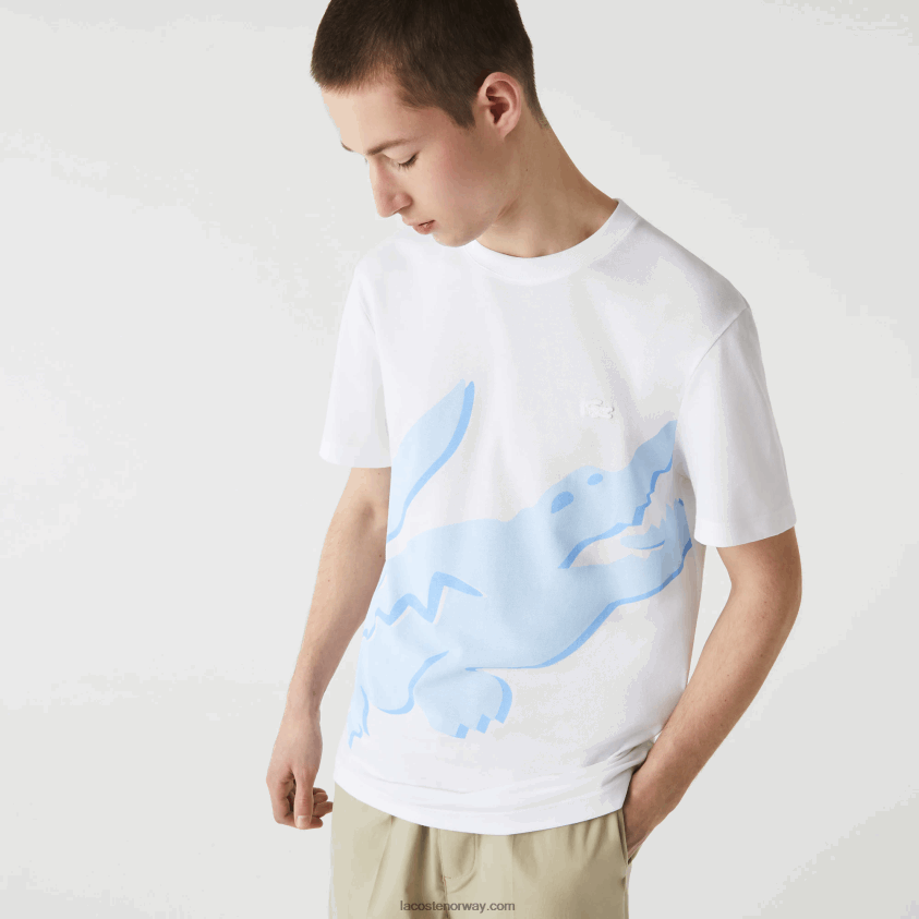 Lacoste t-skjorte i økologisk bomull i stretch med rund hals med krokodilletrykk 4J4X0T637 hvit 001 menn