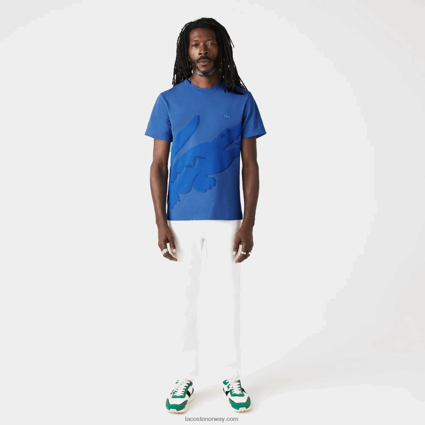 Lacoste t-skjorte i økologisk bomull i stretch med rund hals med krokodilletrykk 4J4X0T639 blå kine hg3 menn