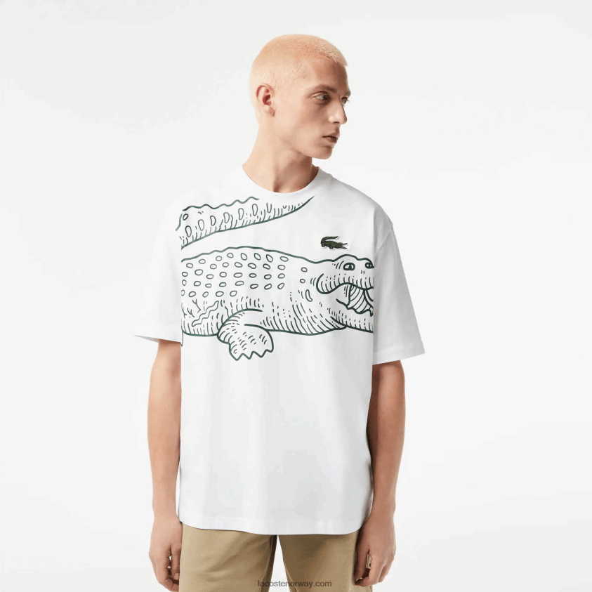 Lacoste t-skjorte med rund hals og løs passform med krokodilleprint 4J4X0T254 hvit 001 menn