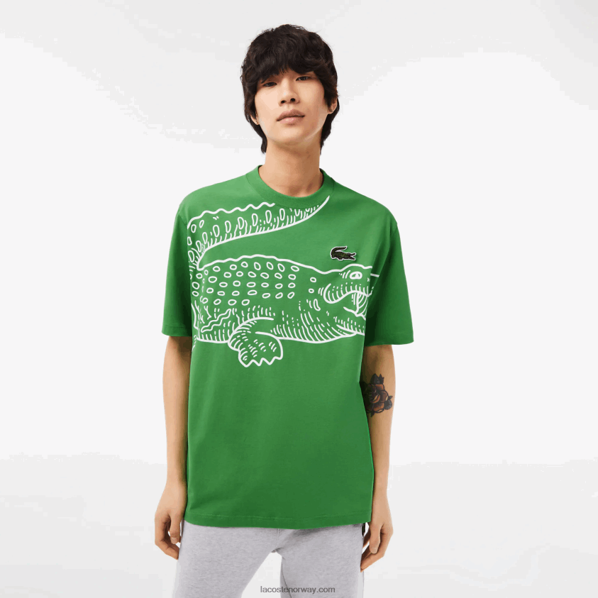 Lacoste t-skjorte med rund hals og løs passform med krokodilleprint 4J4X0T256 grønn l94 menn