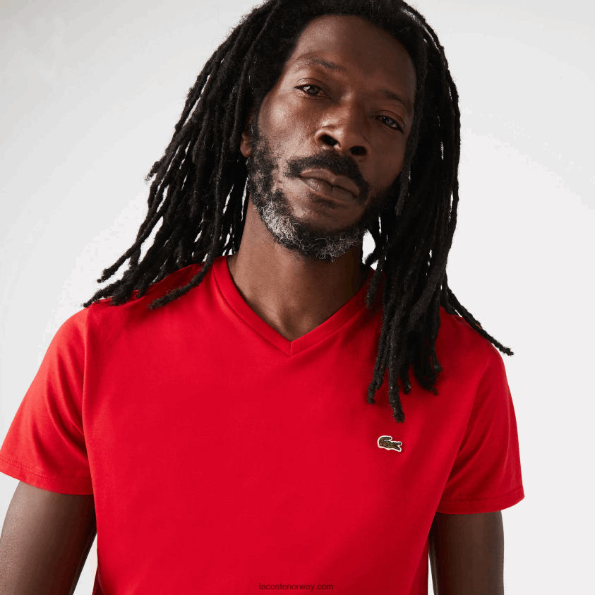 Lacoste v-hals t-skjorte i pima bomullsjersey 4J4X0T617 rød 240 menn