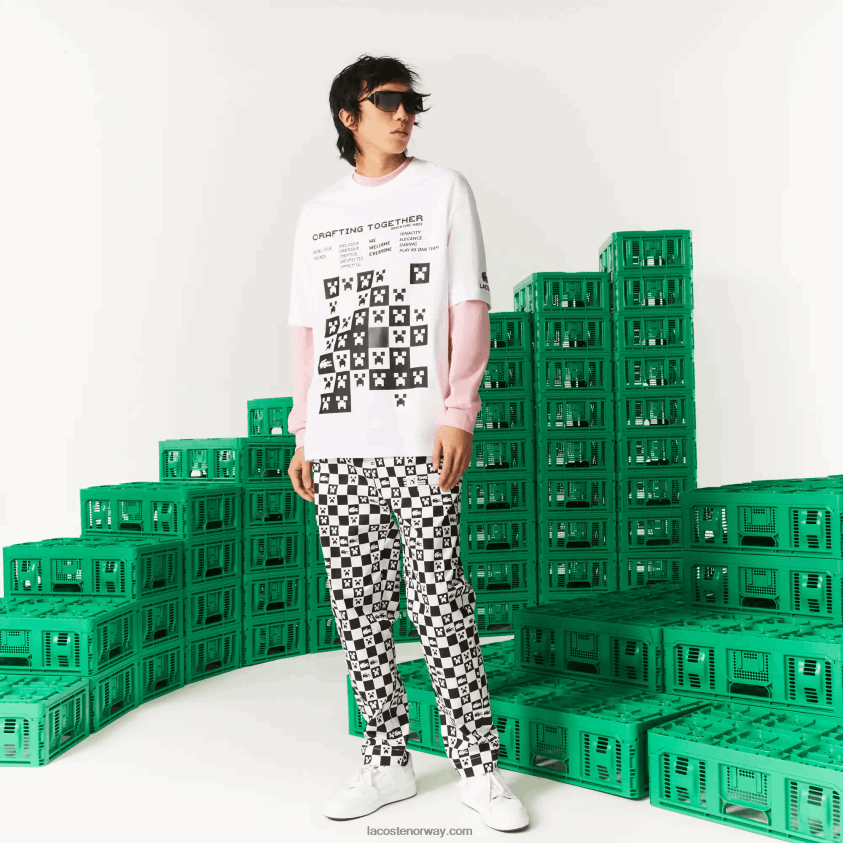 lacoste x minecraft t-skjorte i løs passform i økologisk bomull 4J4X0T853 hvit 001 menn